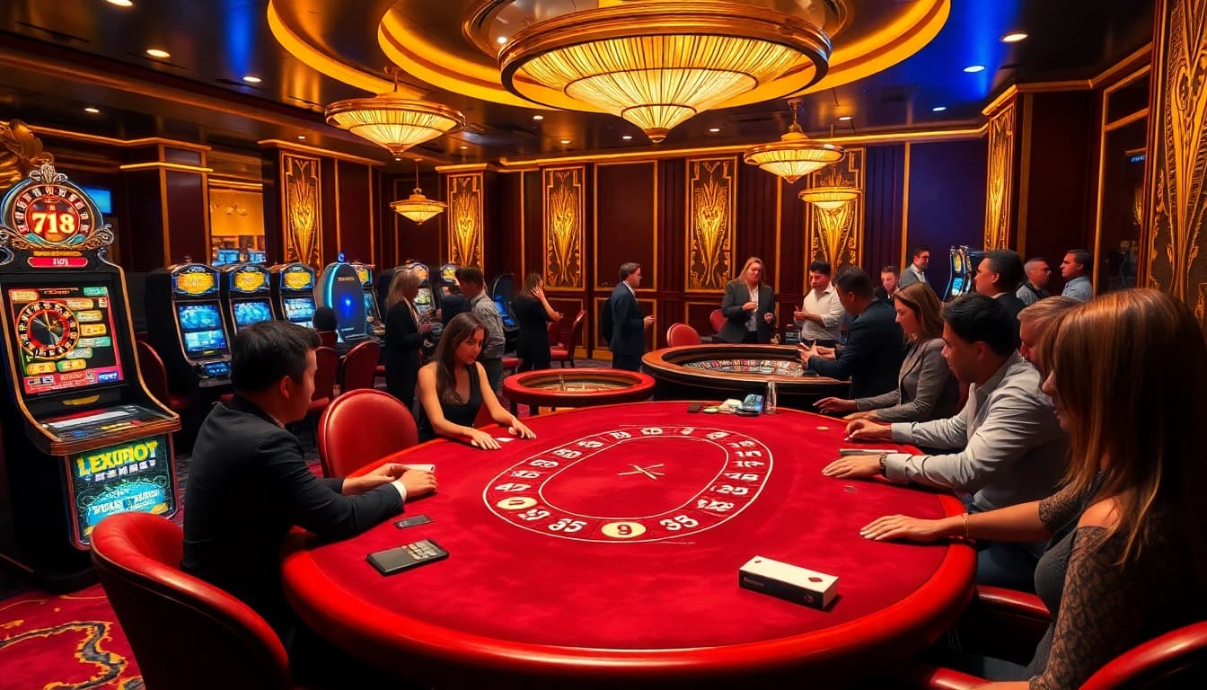 High-stakes poker action at 789f casino with vibrant slot machines and roulette excitement.