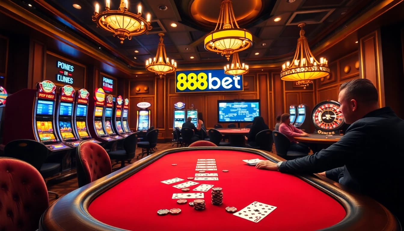 88bet poker players engaging in a high-stakes game surrounded by vibrant slot machines.