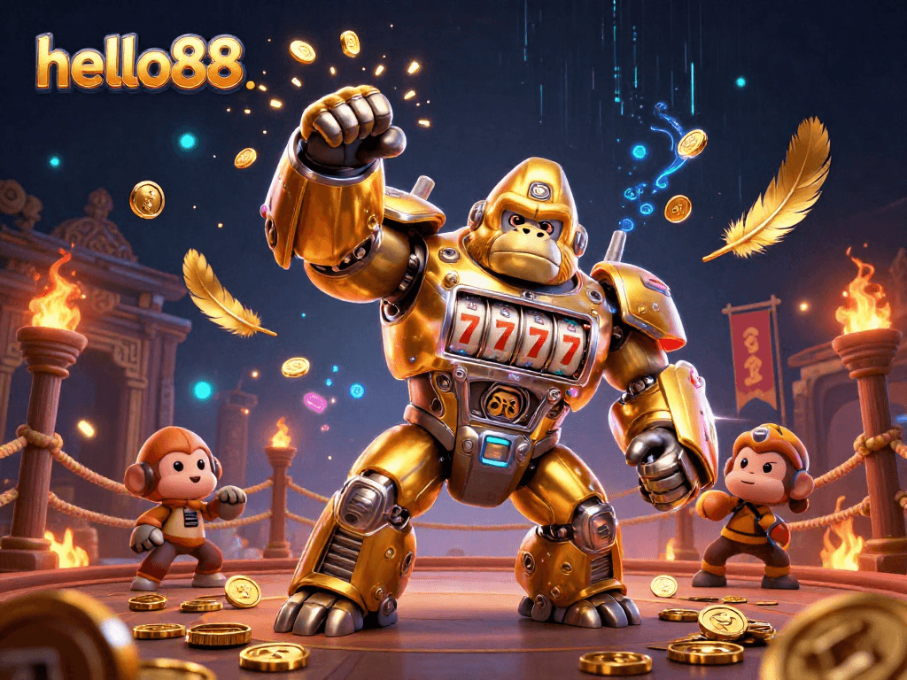 Engage with hello88's vibrant gaming scene featuring dynamic casino elements and a golden gorilla mech.
