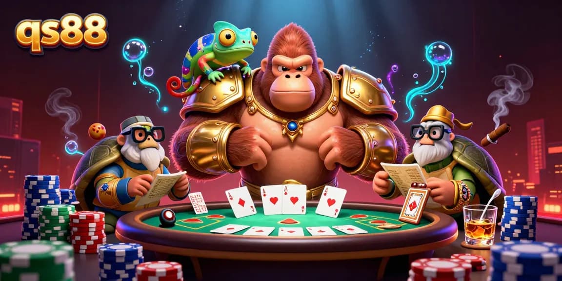 Engage with qs88 and explore a vibrant 3D gambling scene with a powerful gorilla and gambling elements.