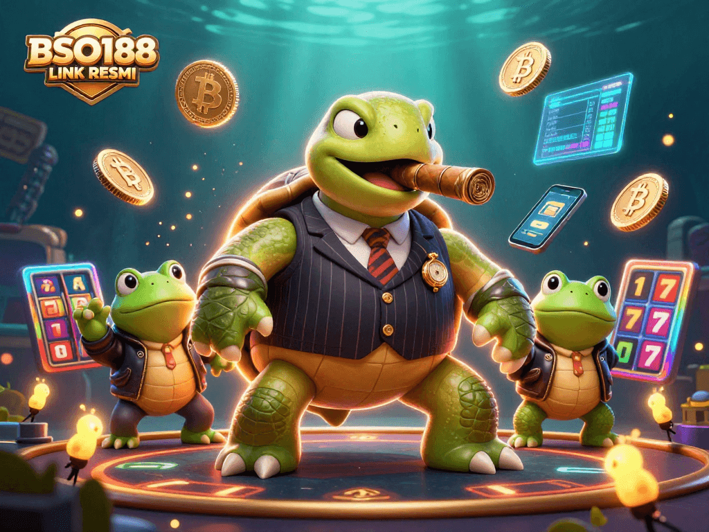 Engage with BSO188 LINK RESMI through a vibrant cartoon illustration of a turtle mobster amid casino lights and crypto elements.