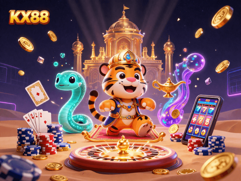 Experience thrilling wins on KX88 with a vibrant casino scene featuring a magical tiger sultan.