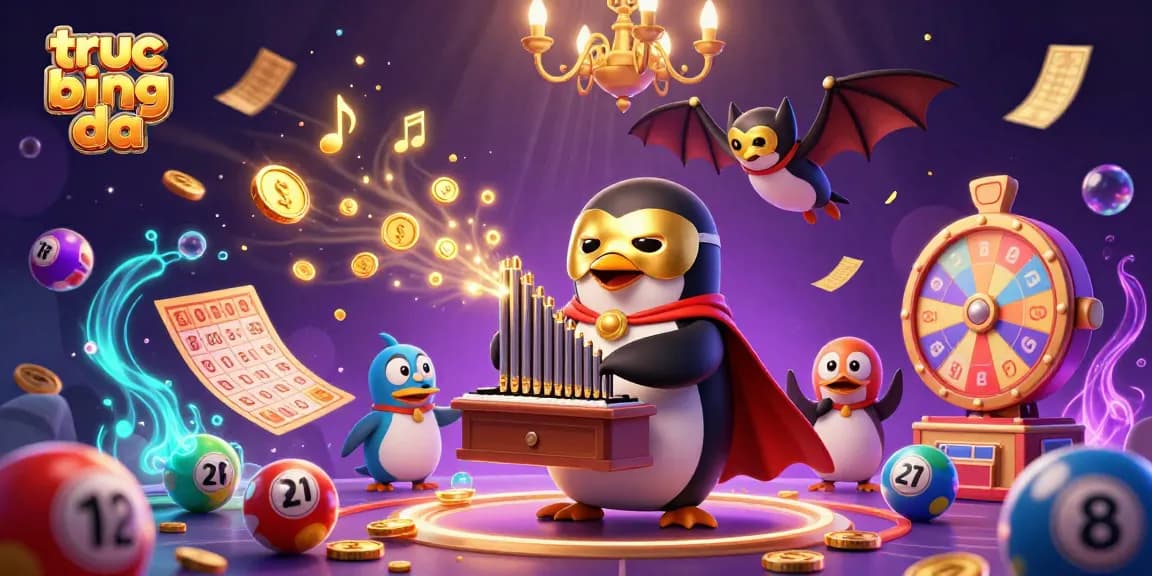 Experience the excitement of truc tiep bong da with a vibrant 3D design featuring a penguin and dynamic casino elements.