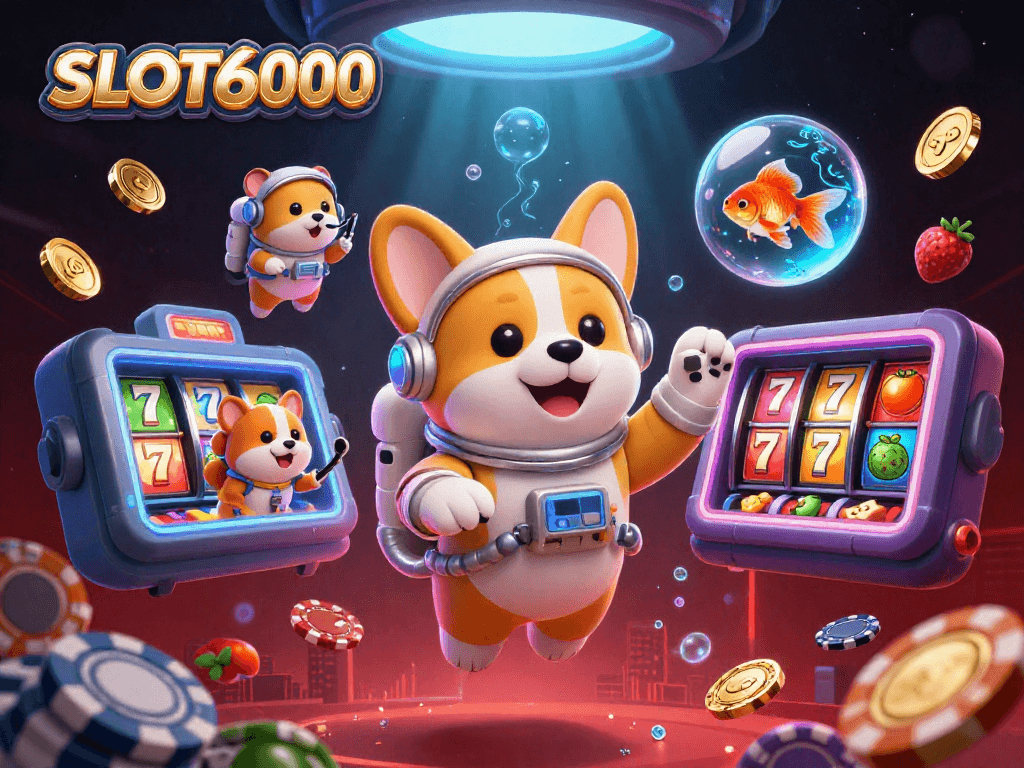 SLOT6000 and cartoon characters enjoying a zero-gravity casino experience with colorful slot reels.