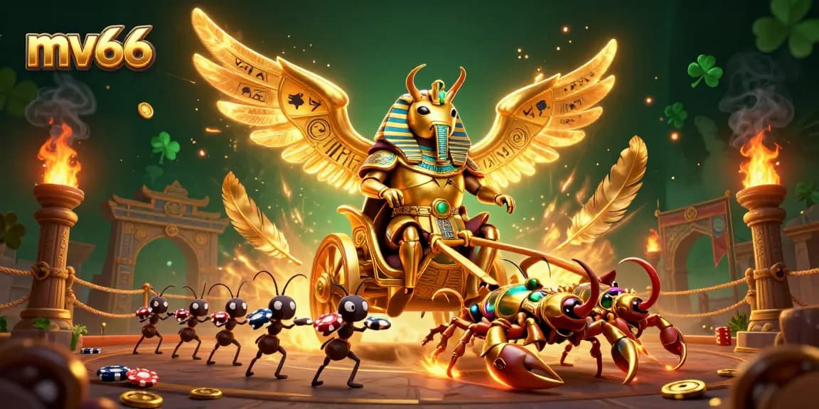 Engage with mv66 casino’s thrilling atmosphere, featuring golden scarab warriors amidst dynamic gambling elements.