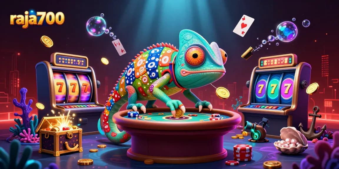 Menyaksikan dengan penuh perhatian di raja700 saat chameleon kasino menangkap koin emas dengan lidahnya di antara slot dan harta karun bawah laut.