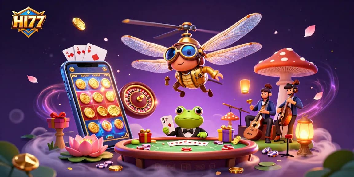 Engage with HI77's vibrant casino scene featuring a dragonfly pilot and frog dealer.