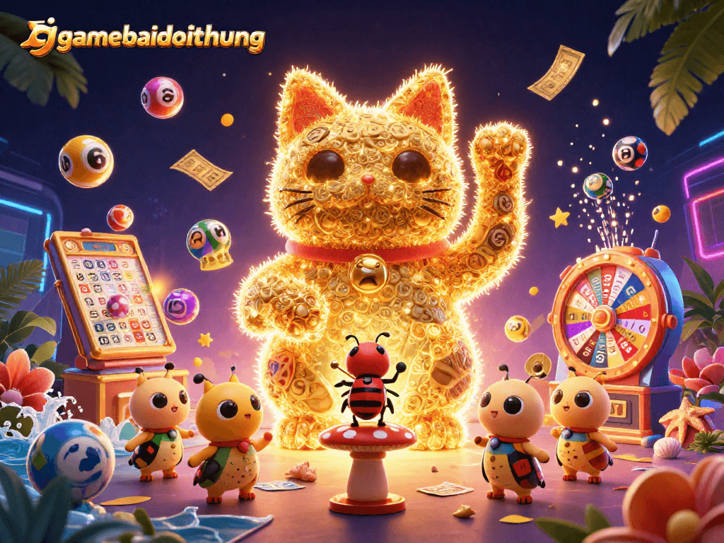 Engage in thrilling gameplay at gamebaidoithuong with dynamic lottery balls and a vibrant lucky cat illustration.