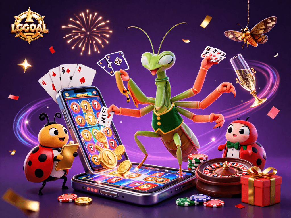 Experience the excitement of LGOGOAL with a vibrant 3D casino illustration showcasing dynamic characters and games.