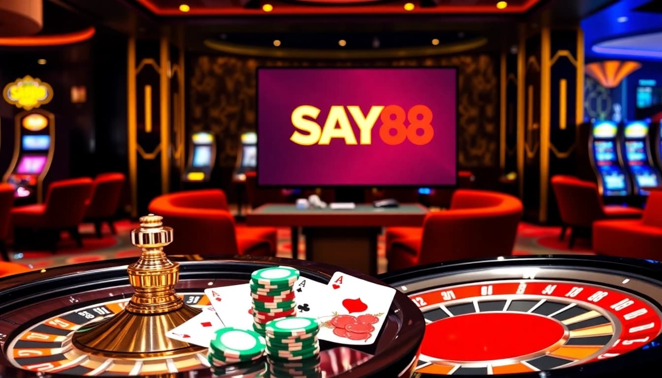 SAY88 logo shines on an elegant casino interface with vibrant poker chips and a spinning roulette wheel.