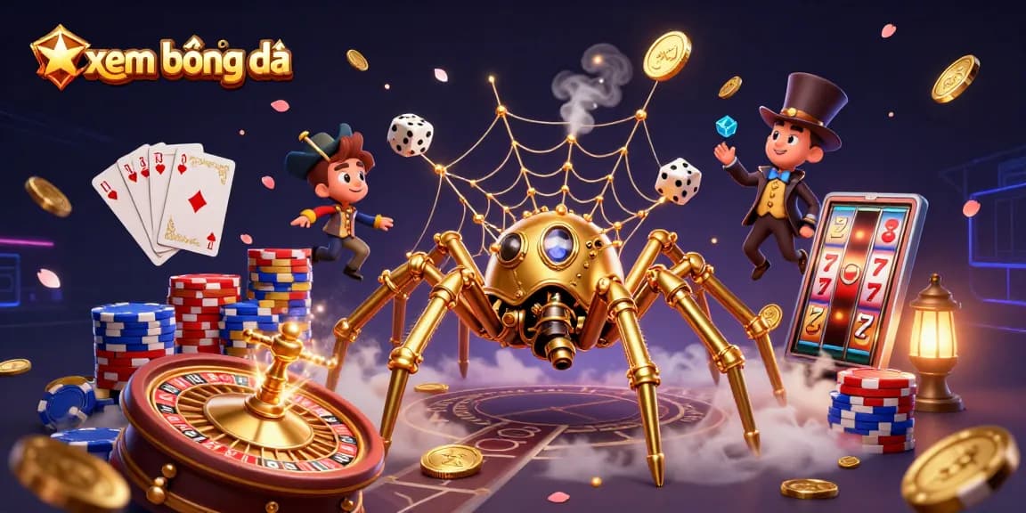 Xem bóng đá with an intricate 3D steampunk spider weaving a web of gambling elements in a vibrant casino scene