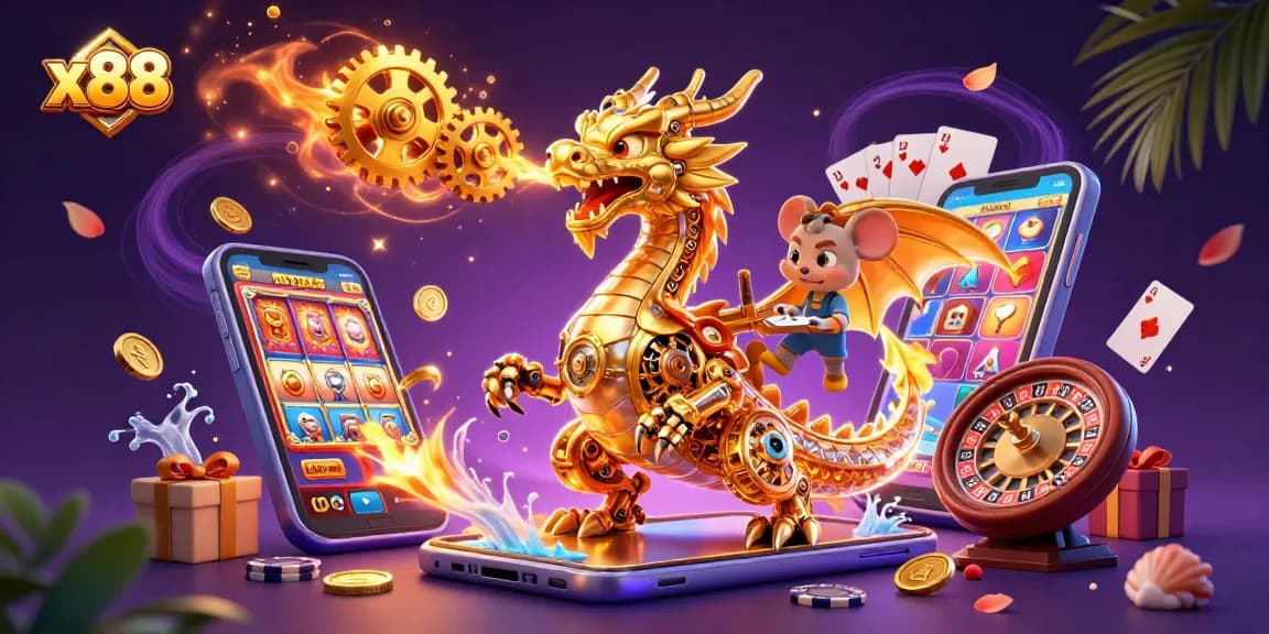 X88 casino features a dynamic 3D golden dragon amidst gaming elements illustrating vibrant online gambling.