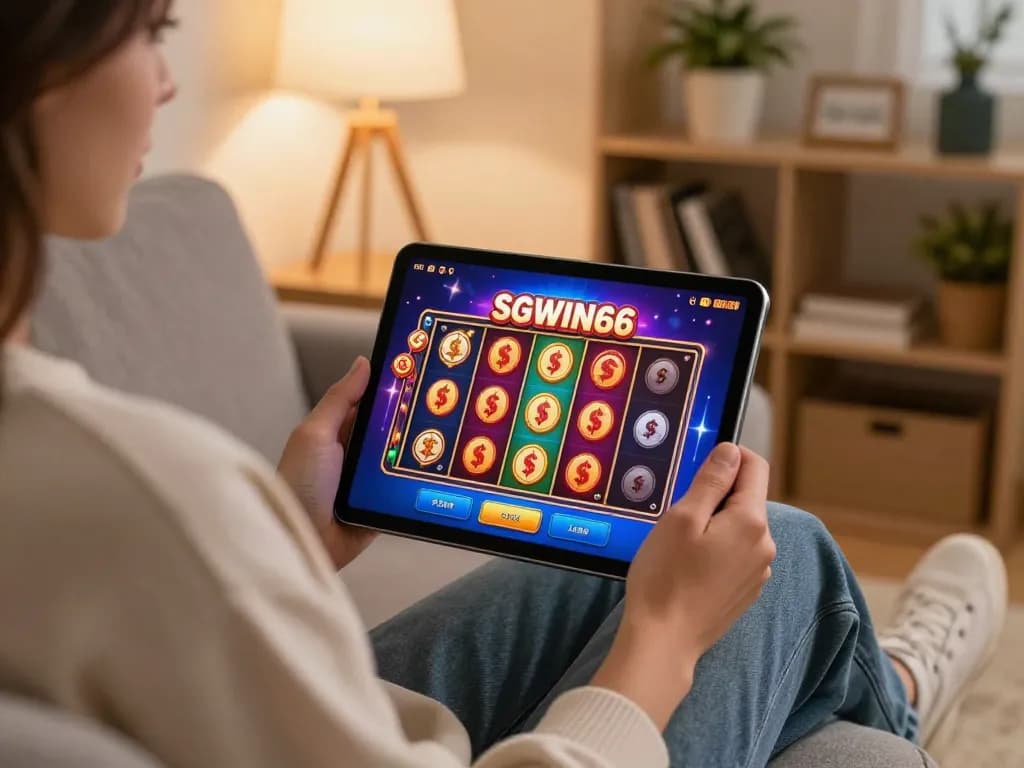 Playing SGWIN66 slot games on a tablet, enjoying home gaming experience.