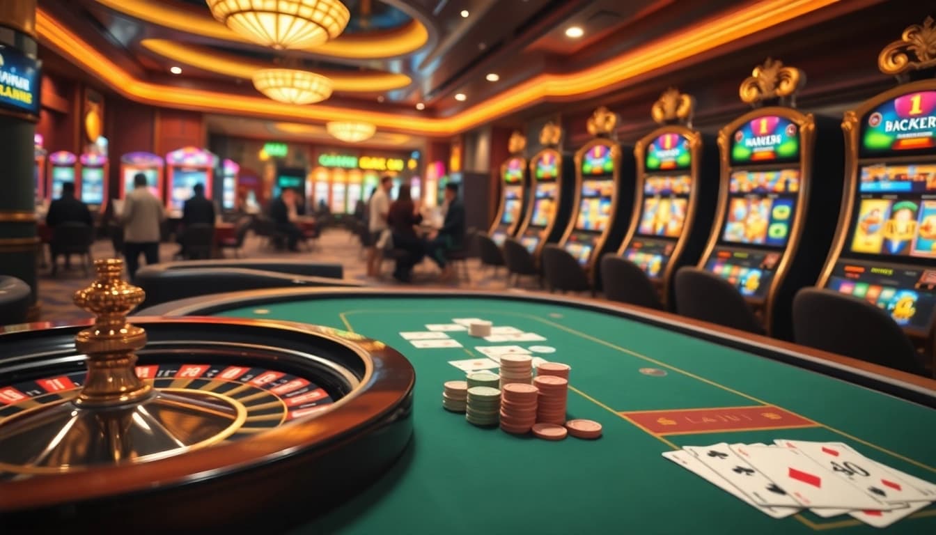 Experience thrilling gameplay at luck8 with luxurious casino highlights featuring poker tables and roulette wheels.