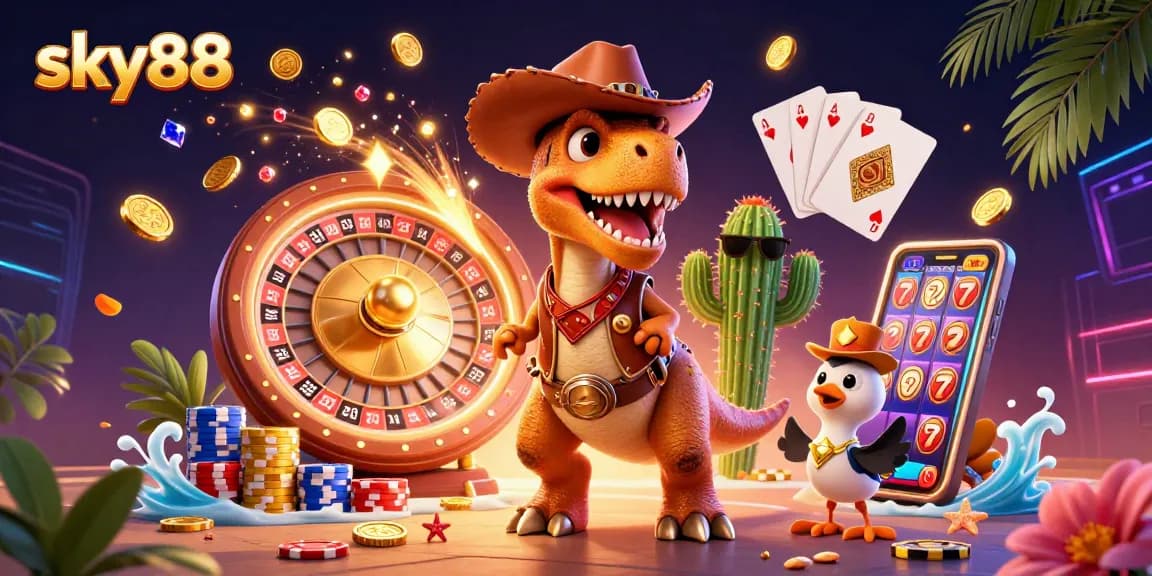 Experience the excitement with sky88's vibrant 3D casino scene featuring a T-Rex cowboy.