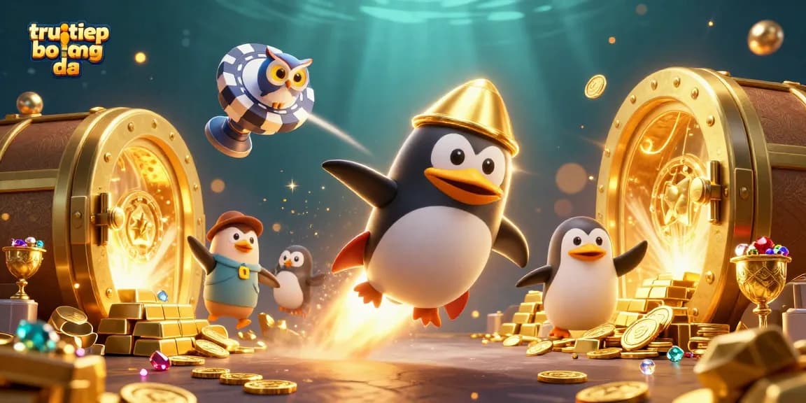 Experience truc tiep bong da with golden penguin, vibrant treasures, and dynamic casino elements.