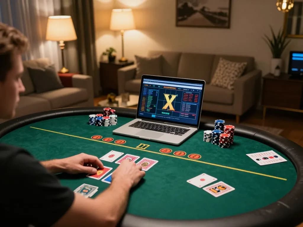 A player enjoys CM88 poker game on laptop at home, surrounded by cards and strategy notes.