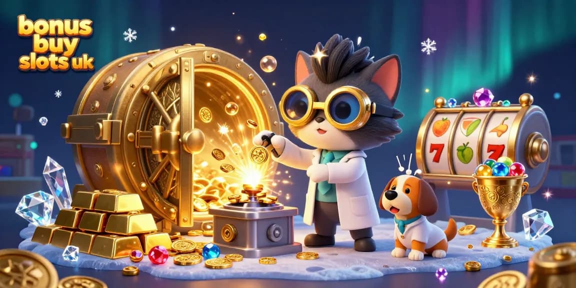 Engage with bonus buy slots UK through a vibrant 3D illustration featuring a mad scientist cat and lab assistant amid overflowing treasures.