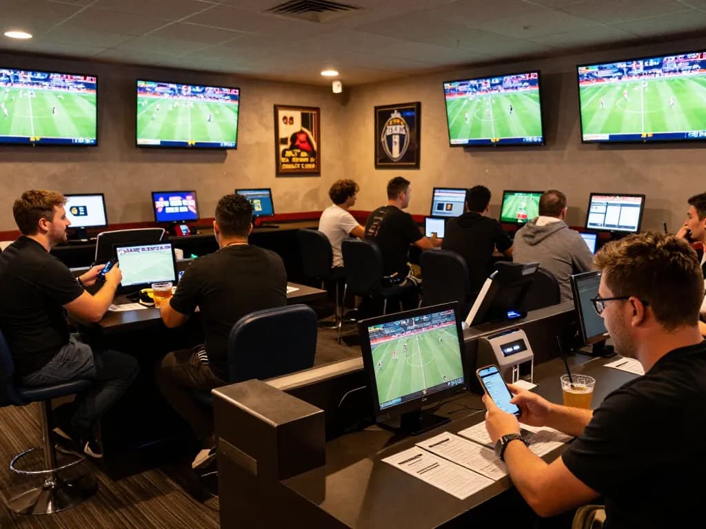 Excited bettors engaging with 79king sports betting app during a thrilling live game