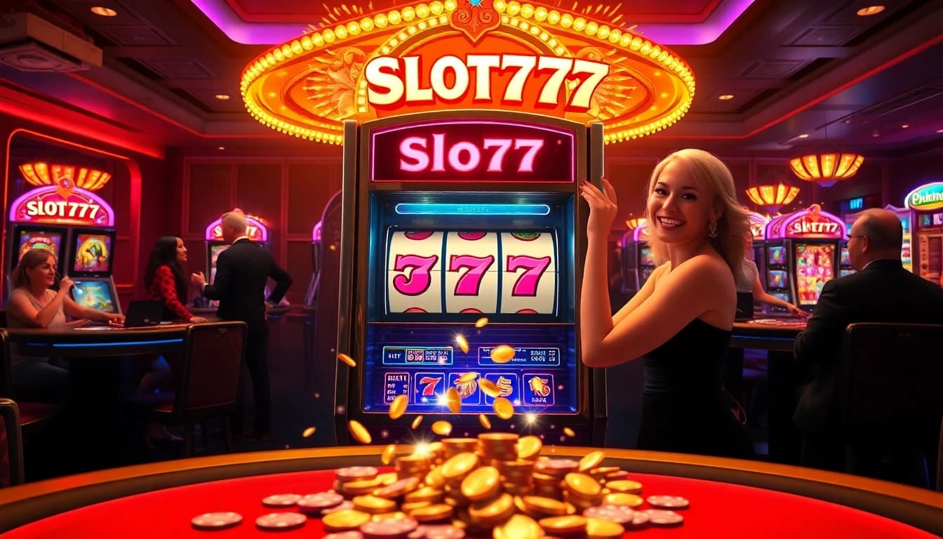 Experience thrilling wins at Slot777 with a joyful player beside vibrant casino machines.
