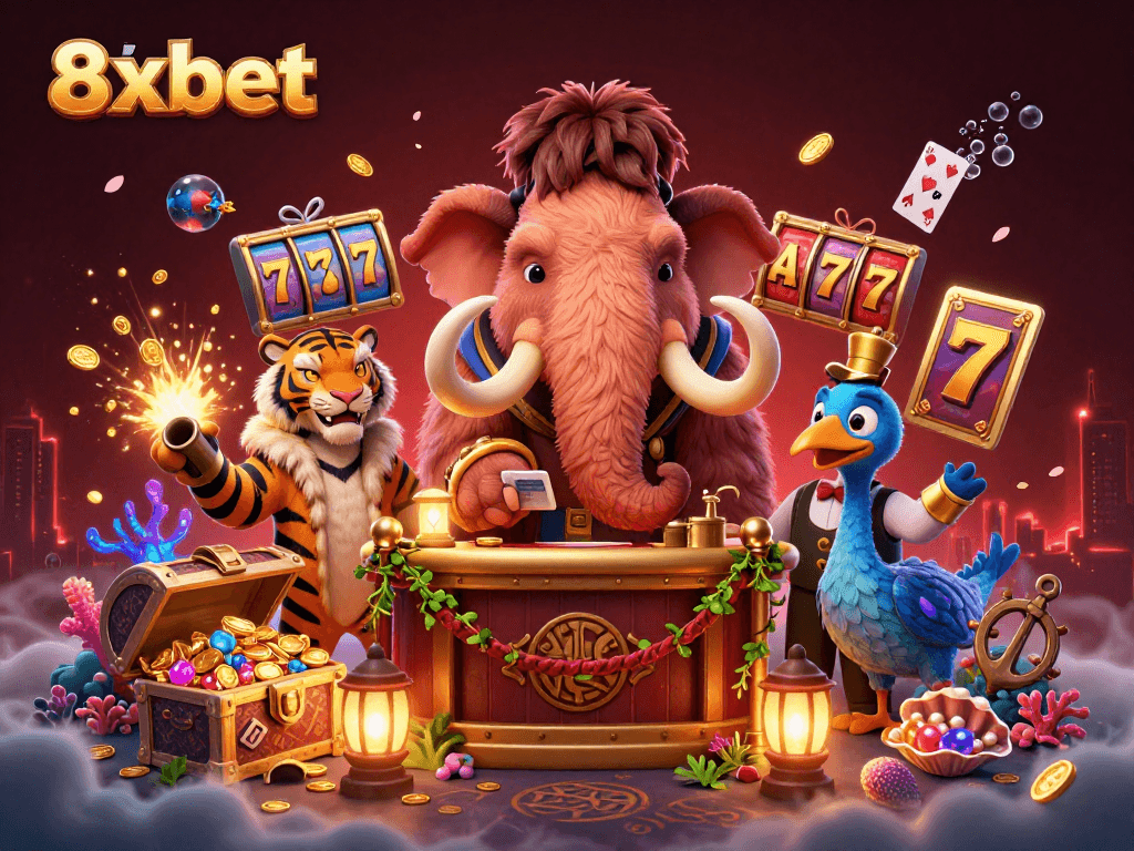 Engage with exciting gameplay at 8xbet while the woolly mammoth checks VIP IDs in a vibrant casino scene.