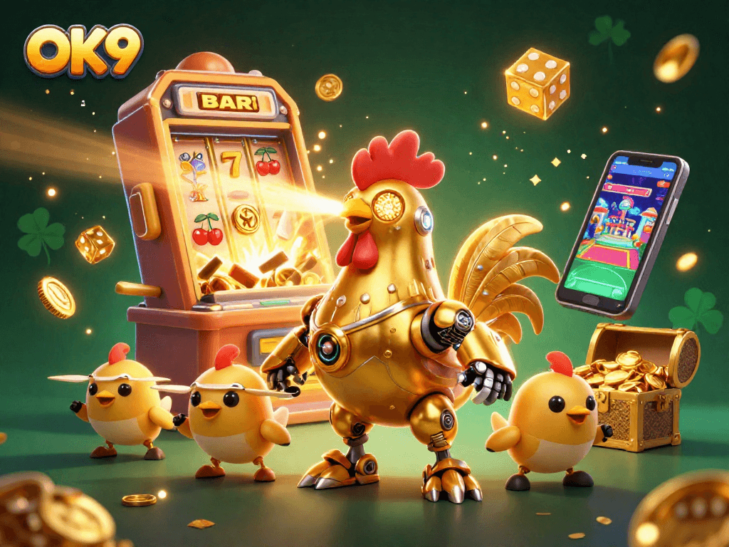 Engage with OK9’s thrilling gaming experience featuring a golden rooster robot amidst exploding jackpots.