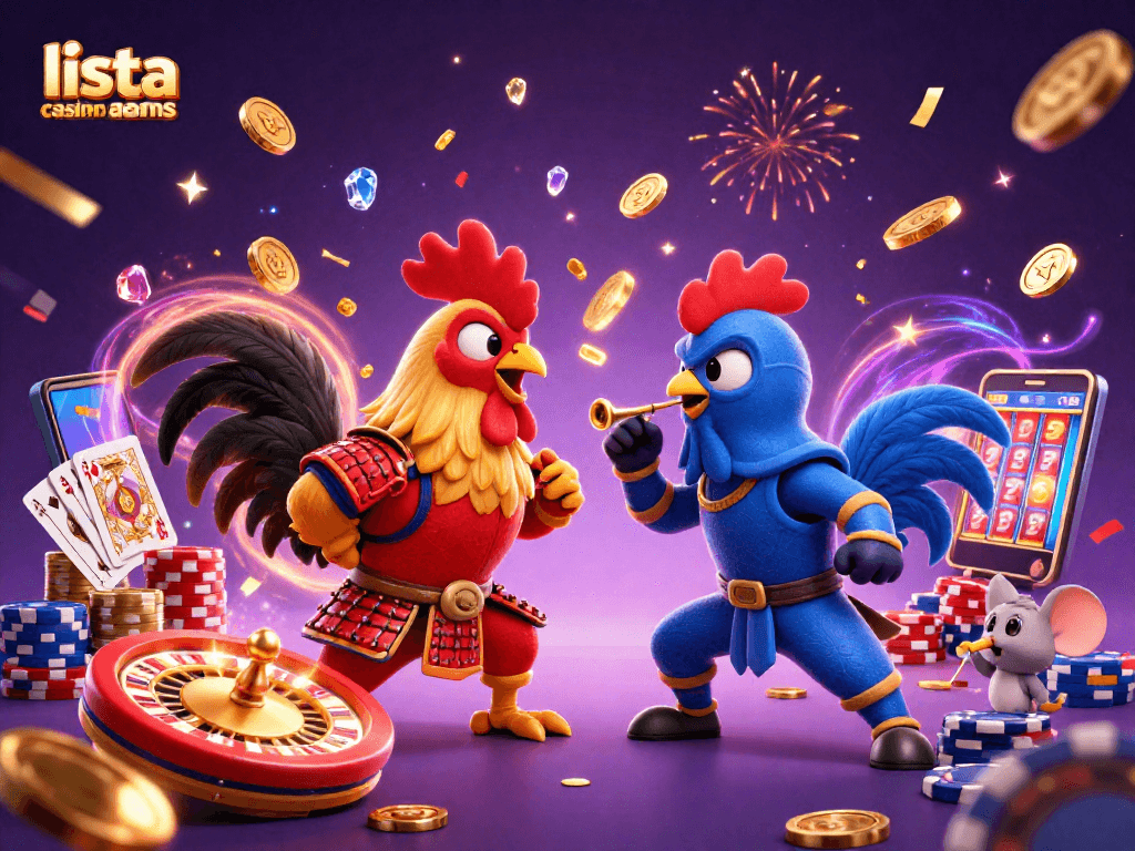 Gioca nei migliori casino non AAMS con questa ricca illustrazione 3D di combattimento tra galli e elementi di casinò.