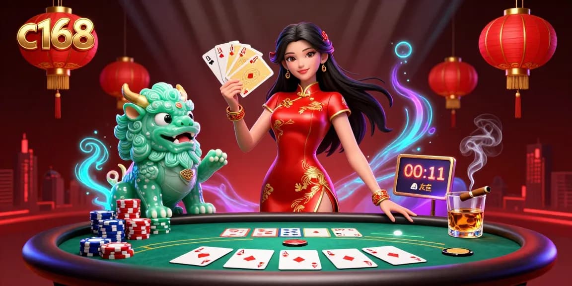 Play exciting card games at c168 with a stunning Asian-themed casino scene featuring a woman in a qipao.