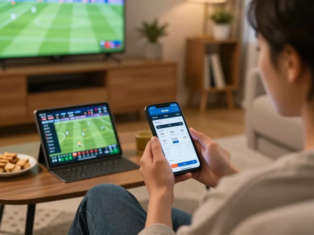 Person using OPEN88 app for sports betting on smartphone while relaxing at home