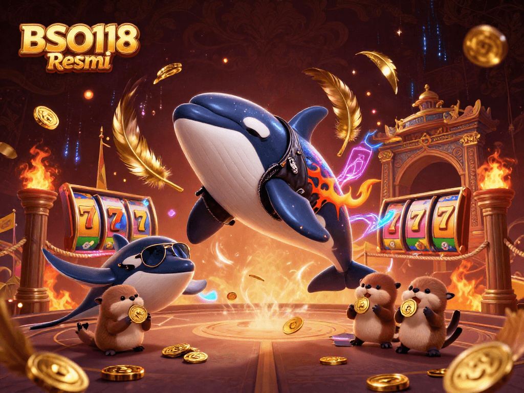 Engage with BSO118 Resmi through vibrant casino-themed fun featuring dynamic marine characters and slot icons.