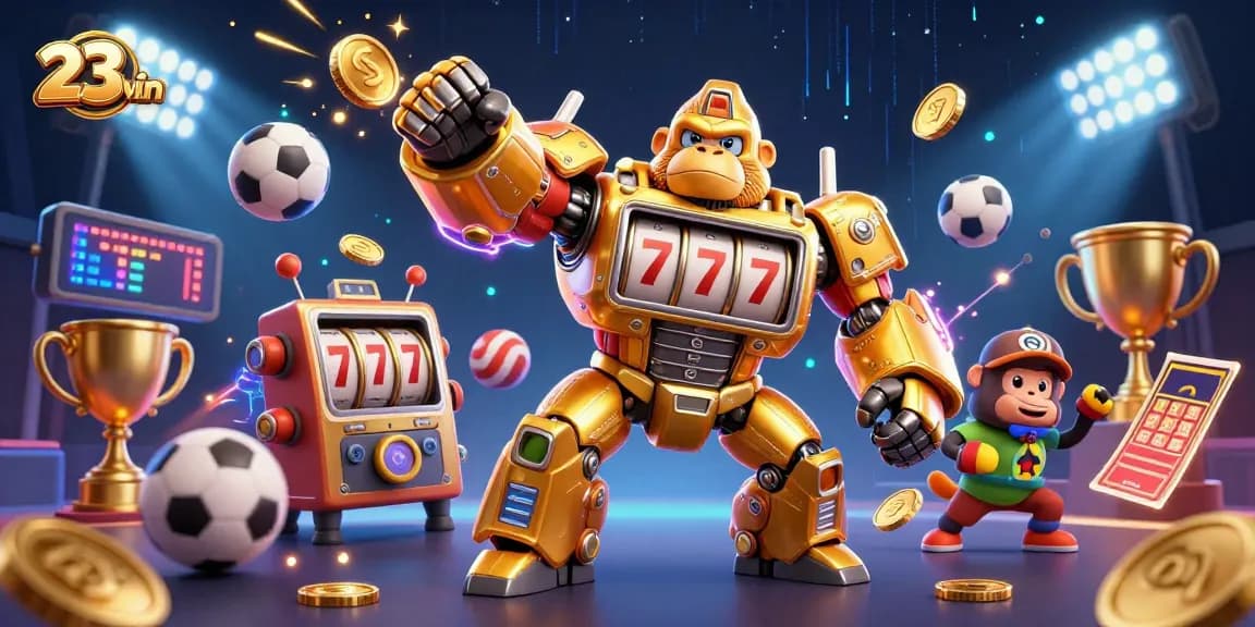 Engaging 23win scene showcasing exciting sports betting elements with a transformer golden gorilla mech.