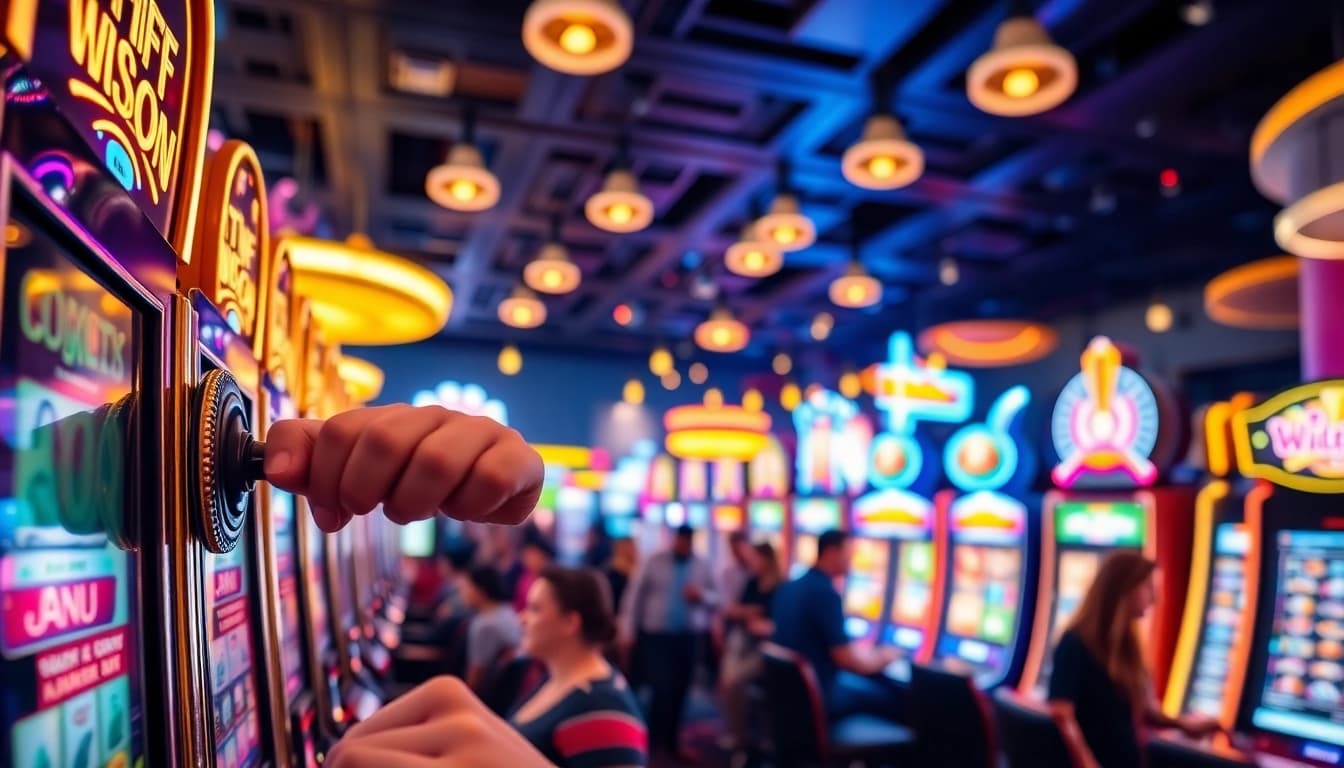 Slot gacor menarik perhatian pemain dengan mesin slot berwarna cerah dan suasana kasino yang ramai.