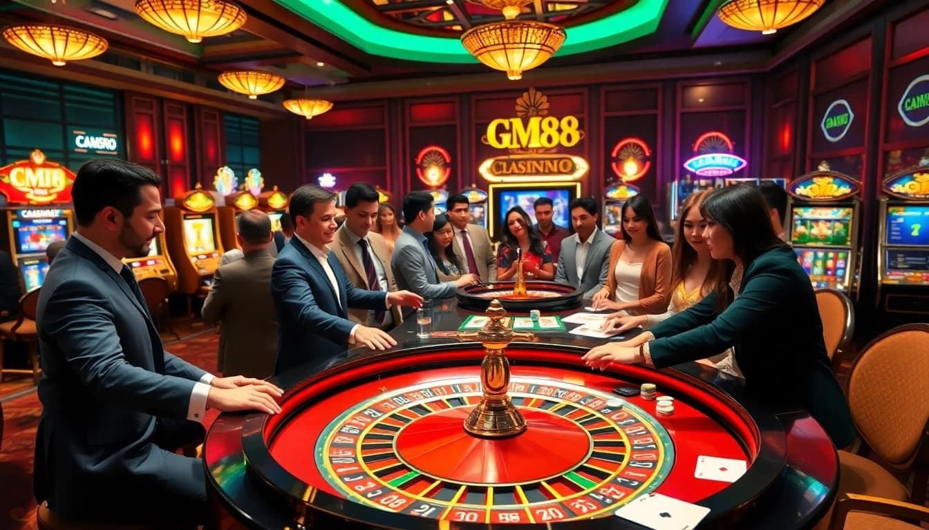 Excited gamblers placing bets at a luxurious casino table with CM88 statistics displayed.