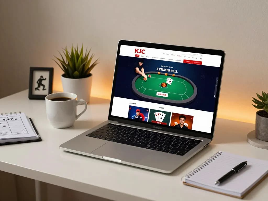 KJC website showcasing an online poker game on a modern laptop in a cozy home setting.