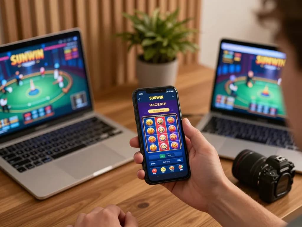 SUNWIN user enjoying online slot gameplay on smartphone with vibrant colors and cozy setting