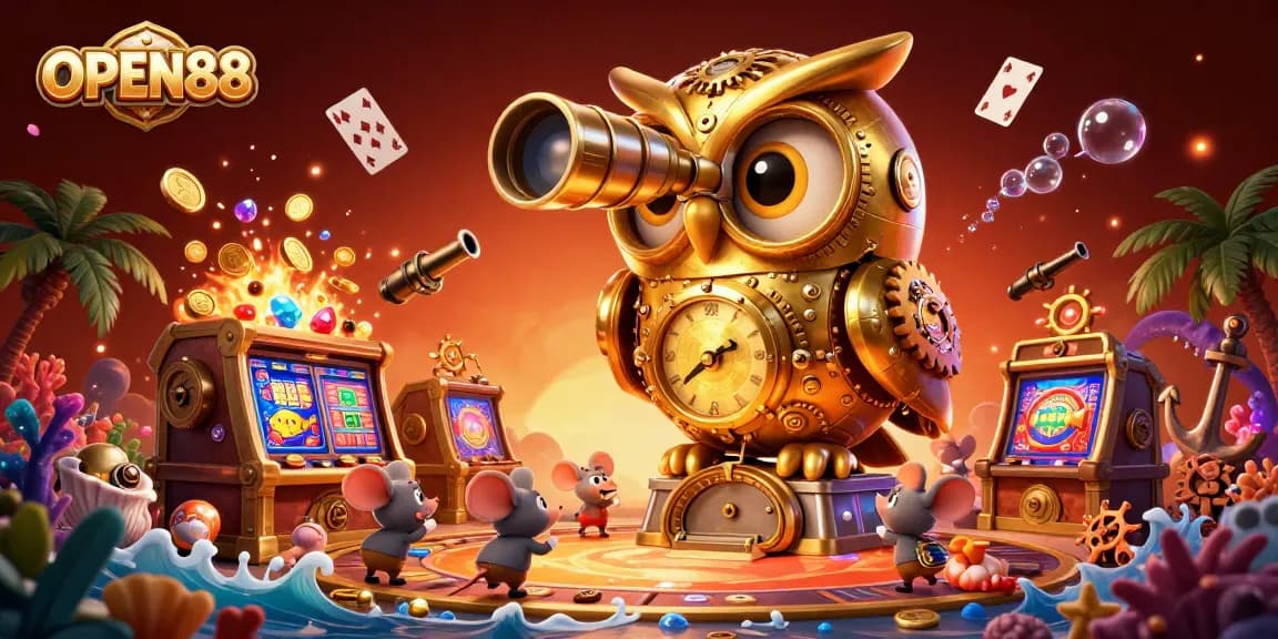 Experience the thrill of OPEN88 with golden owl scanning a vibrant casino floor filled with action.