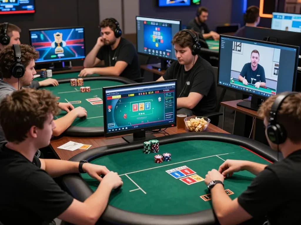 Players engaged in an online poker tournament with 88bet, showcasing strategic gameplay and modern workspace atmosphere