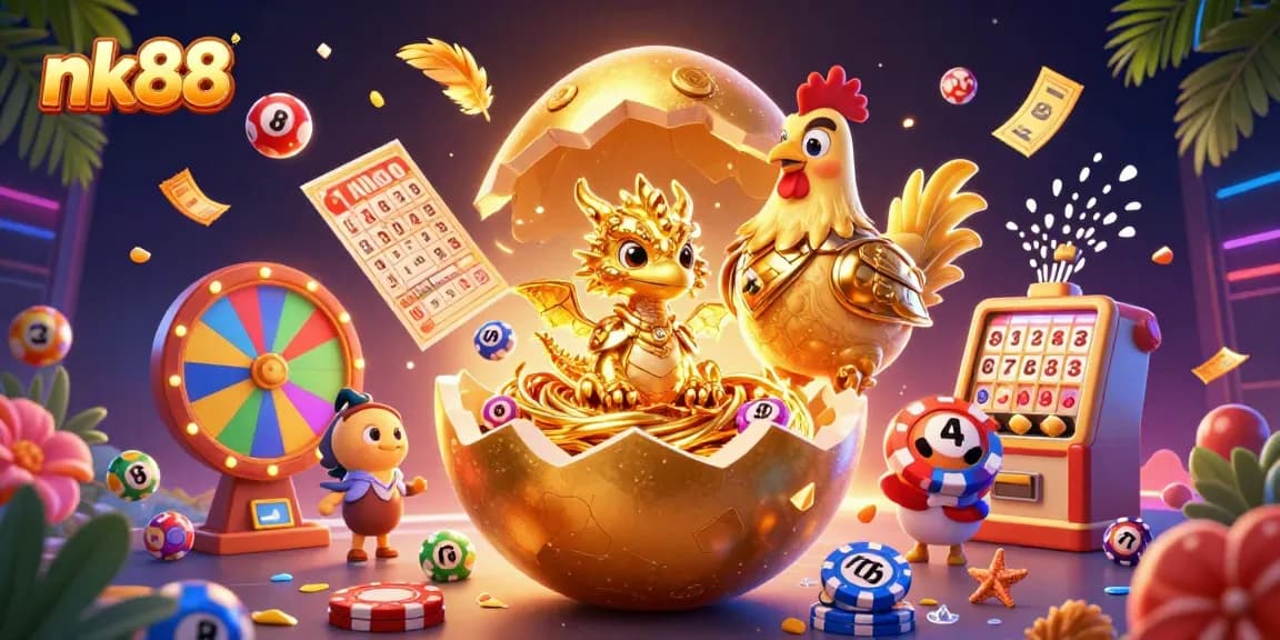 Experience thrilling luck with nk88; a dazzling illustration of a golden dragon on casino chips.