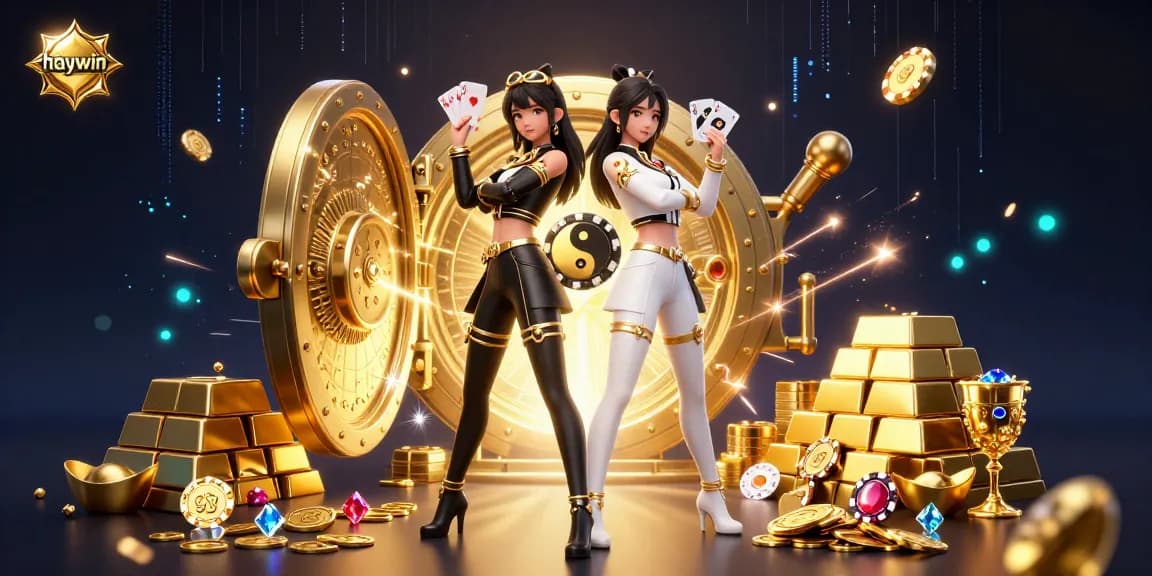 Engage in exhilarating games at haywin with twin Asian women showcasing their cards amid dazzling casino treasures.