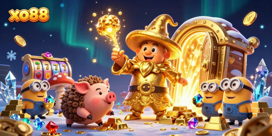 Experience the magic of xo88 with a whimsical 3D casino scene, filled with treasures and slot game elements.