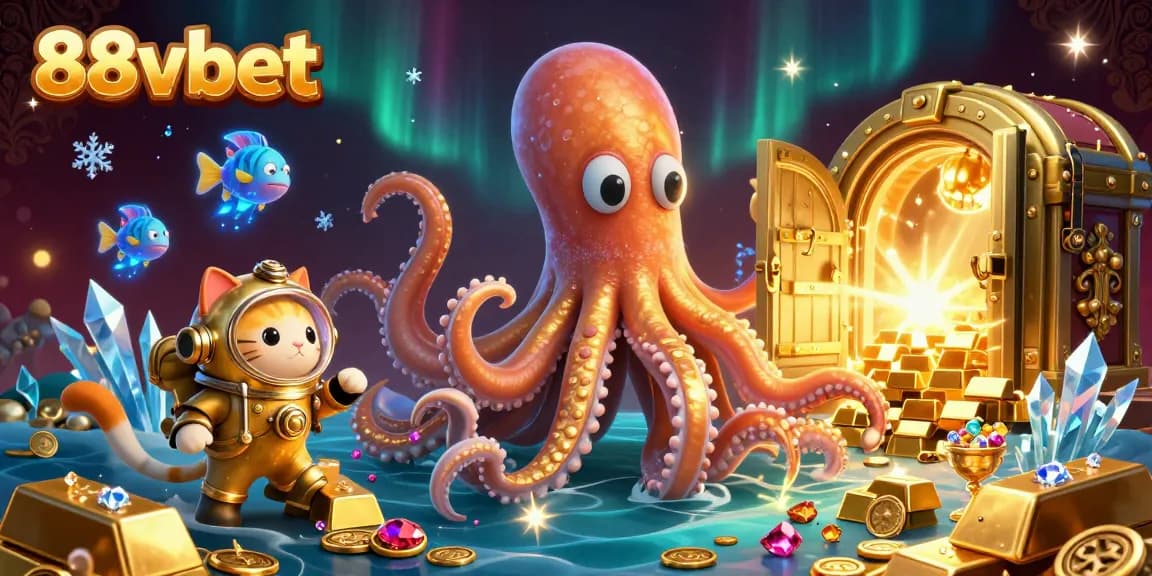 Celebrate wins at 88vbet with a treasure-filled ocean scene featuring unique characters and vibrant casino elements.