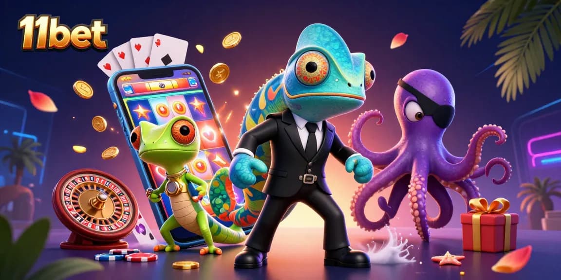 Experience the vibrant world of 11bet with a dynamic 3D casino scene featuring gaming excitement and colorful action.