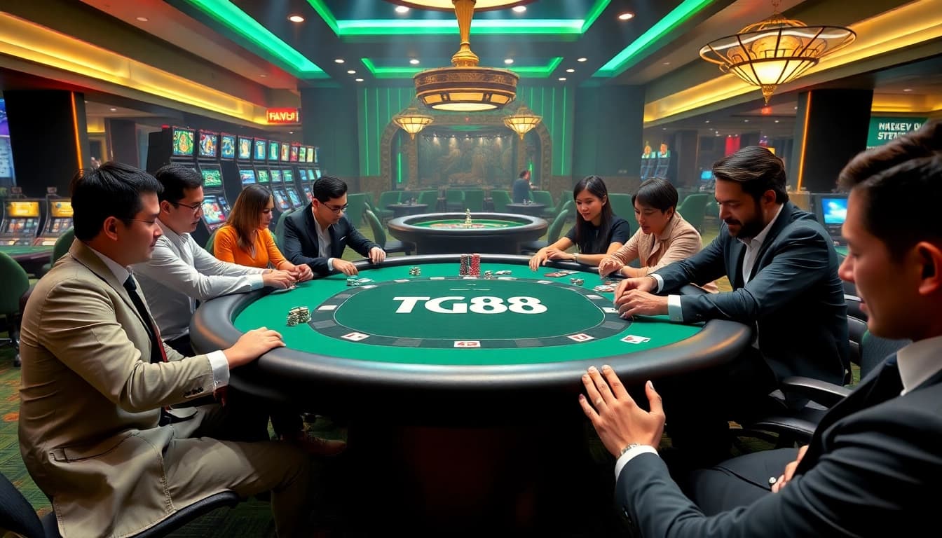 Experience the luxury of gambling at a TG88 poker table, capturing the thrill of the game.