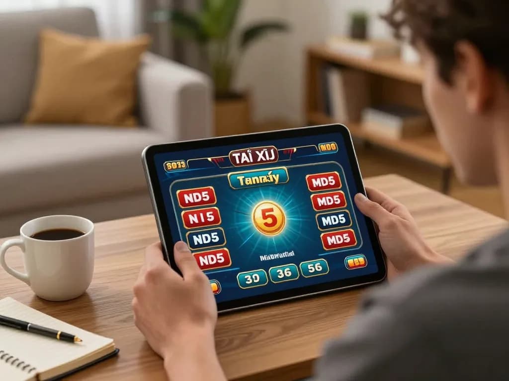 Tài xỉu md5 com gameplay on a tablet showing betting options in a cozy home setting.
