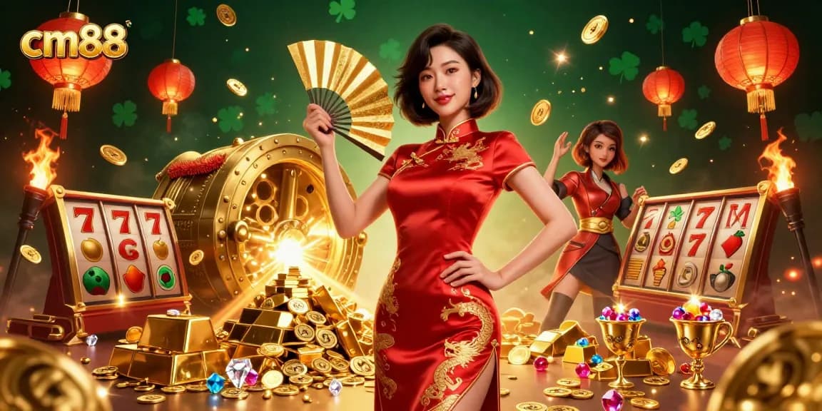 Experience thrilling slots with cm88, featuring a confident woman amidst golden treasures and vibrant colors.