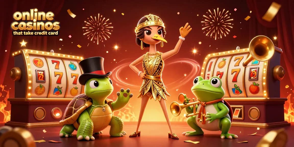 Engage with online casinos that take credit card, featuring 3D characters celebrating amidst slot game elements!