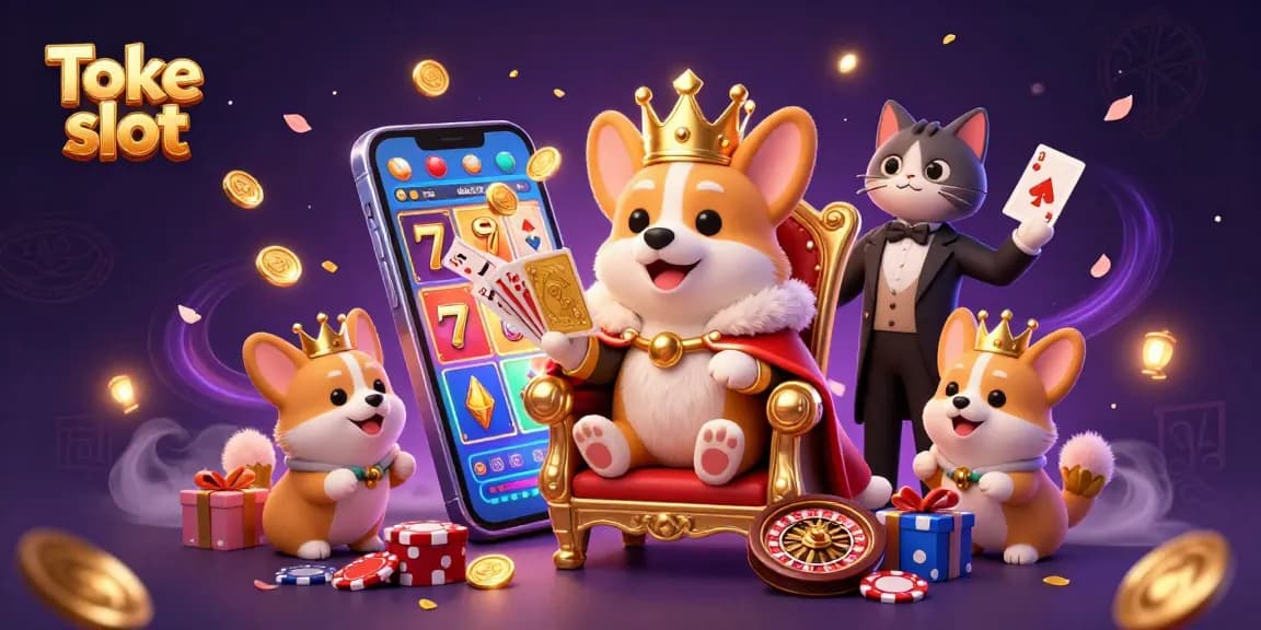 Toke slot platform showcases a royal corgi, cat butler, and dynamic game elements in a vibrant casino setting.