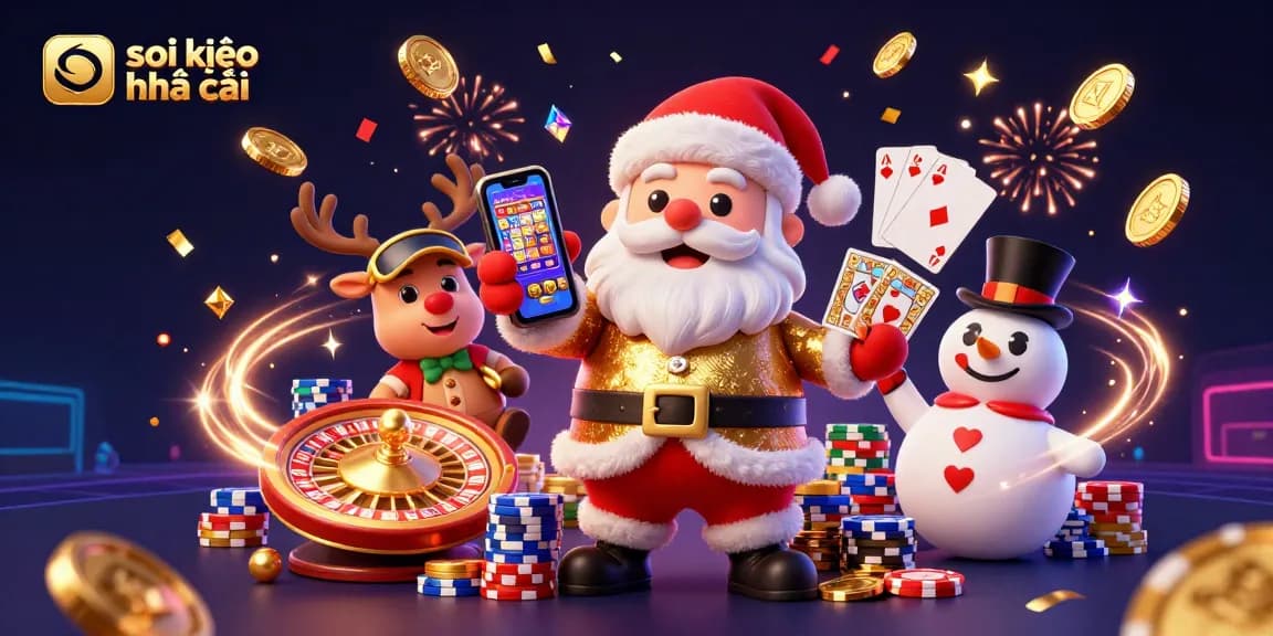 Sparking excitement with soi kèo nhà cái, Santa and friends celebrate in a glamorous casino scene.