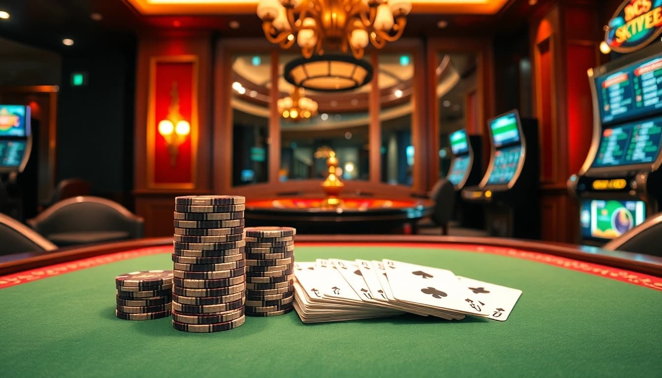 Experience the thrill of 8kbet with a stunning casino setup featuring poker chips and vibrant roulette wheels.