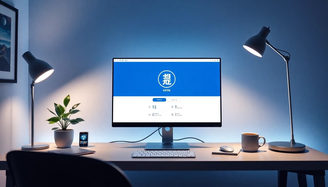 Secure online browsing with 快连官网 showcased in a modern home office setting.